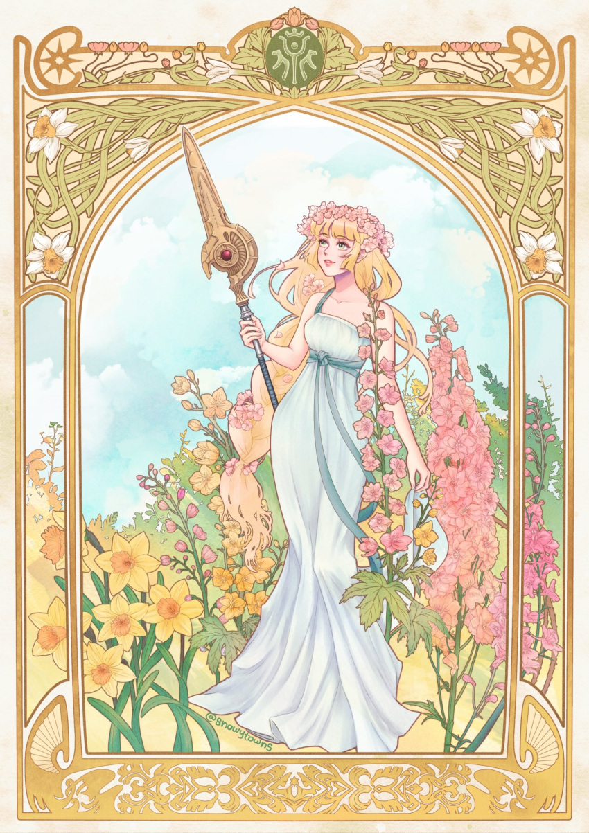 1girl, alphonse_mucha_(style), alternate_costume, art_nouveau, artist_name, bangs, bare_arms, bare_shoulders