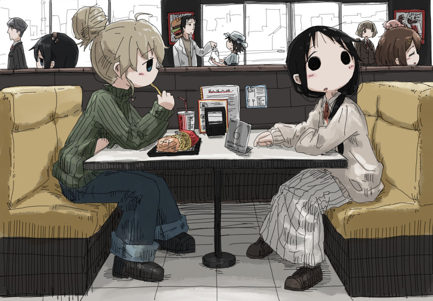 2boys, 6+girls, black_hair, blonde_hair, character_request, chito_(shoujo_shuumatsu_ryokou), commentary, copyright_request