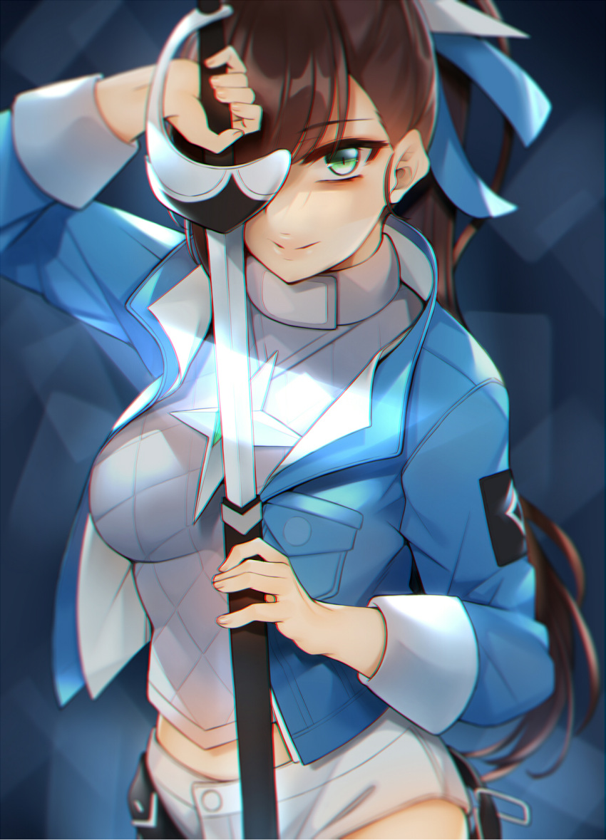 1girl, bababababan, black_survival, blue_jacket, breasts, brown_hair, fiora_pellerin, green_eyes