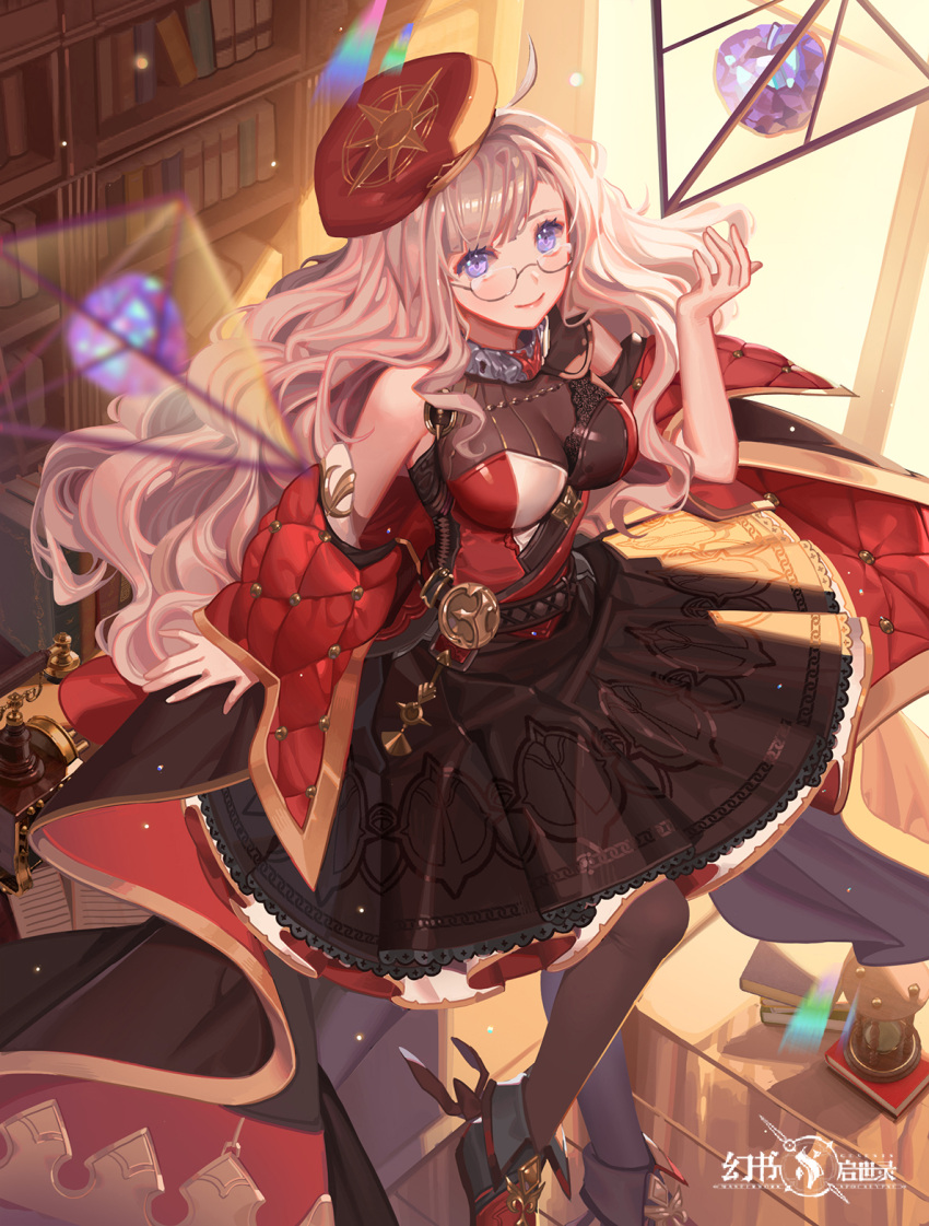1girl, ahoge, black_dress, black_footwear, black_legwear, breasts, closed_mouth, commentary, copyright_name, detached_sleeves, dress, enosa_(masterwork_apocalypse), gold_trim, grey-framed_eyewear, grey_hair, halter_dress, halterneck, highres, indoors, library, looking_at_viewer, masterwork_apocalypse, medium_breasts, multicolored_clothes, multicolored_dress, multicolored_footwear, orange_sekaii, red_dress, red_footwear, red_headwear, red_sleeves, smile, solo, standing, violet_eyes, wide_sleeves