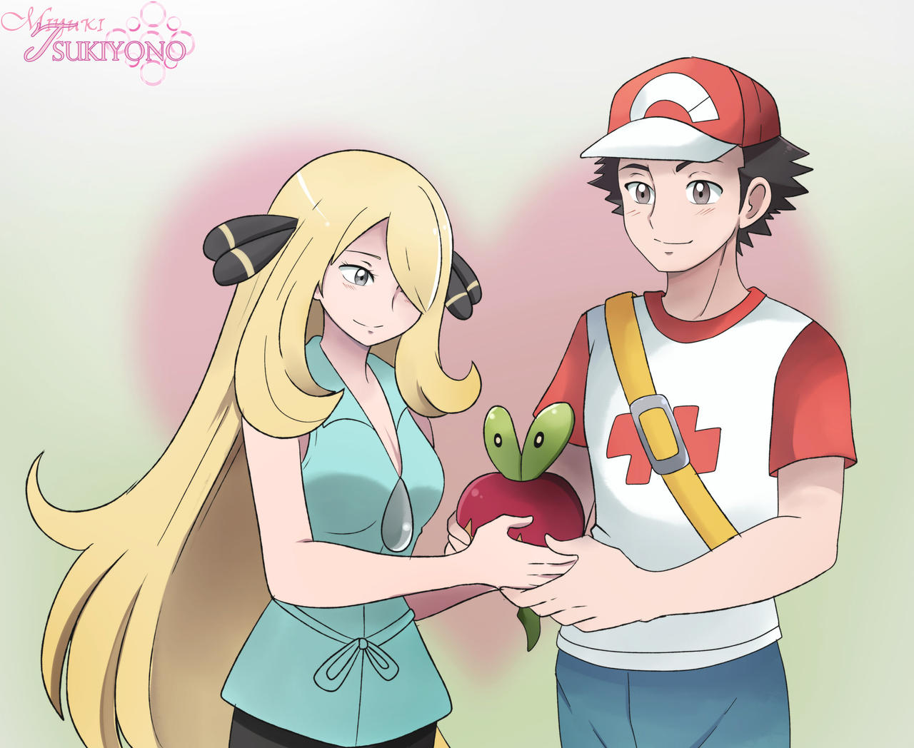 1boy, 1girl, alternate_costume, applin, baseball_cap, blonde_hair, commentary, commission