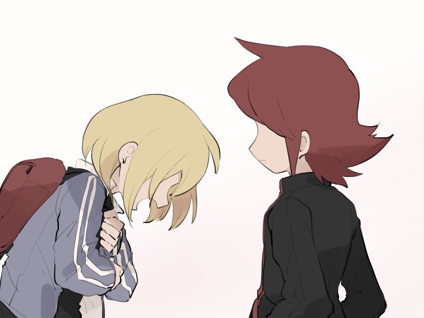 2boys, backpack, bag, black_jacket, black_shirt, blonde_hair, closed_mouth, commentary_request