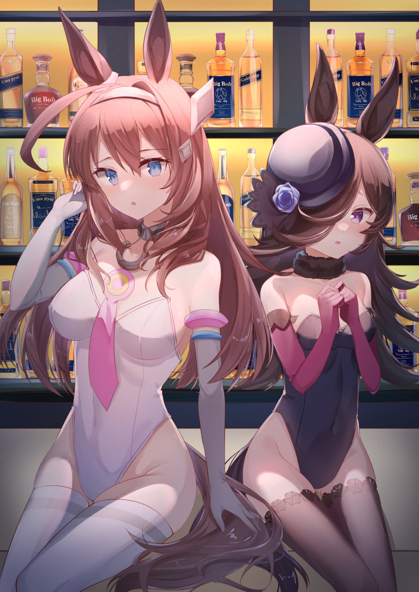 2girls, absurdres, ahoge, alcohol, animal_ears, bangs, bar, bare_shoulders, black_legwear, black_leotard, blue_eyes, blue_flower, blue_headwear, blue_rose, breasts, covered_navel, detached_collar, elanore, elbow_gloves, feet_out_of_frame, flower, gloves, groin, hair_over_one_eye, hairband, hand_in_hair, hat, highres, horse_ears, horse_girl, horse_tail, leotard, long_hair, looking_at_viewer, medium_breasts, mihono_bourbon_(umamusume), multiple_girls, own_hands_together, pantyhose, parted_lips, playboy_bunny, red_gloves, rice_shower_(umamusume), rose, sitting, small_breasts, tail, umamusume, violet_eyes, whiskey, white_gloves, white_legwear, white_leotard