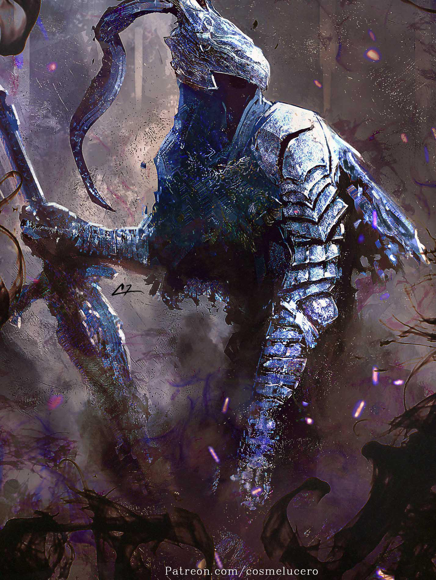 1boy, armor, artorias_the_abysswalker, cosme_lucero_(aeflus), covered_face, dark_souls_(series), dark_souls_i, full_armor, gauntlets, helmet, highres, holding, holding_sword, holding_weapon, knight, sword, weapon