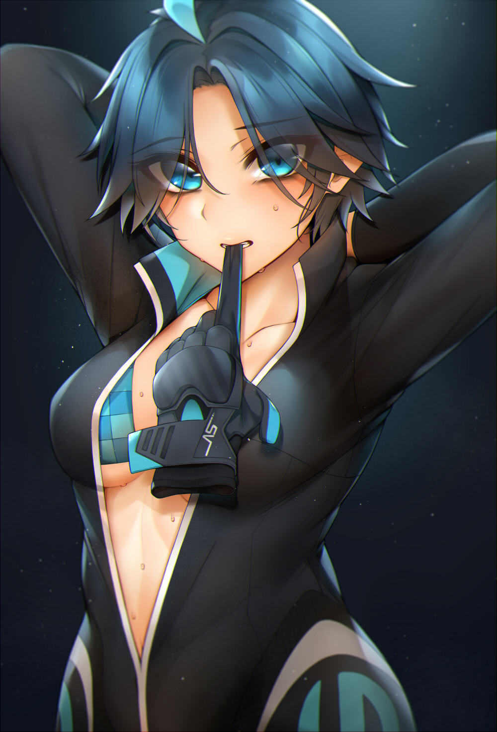 1girl, arms_behind_head, bababababan, bikini, bikini_top, bikini_under_clothes, black_survival, blue_eyes