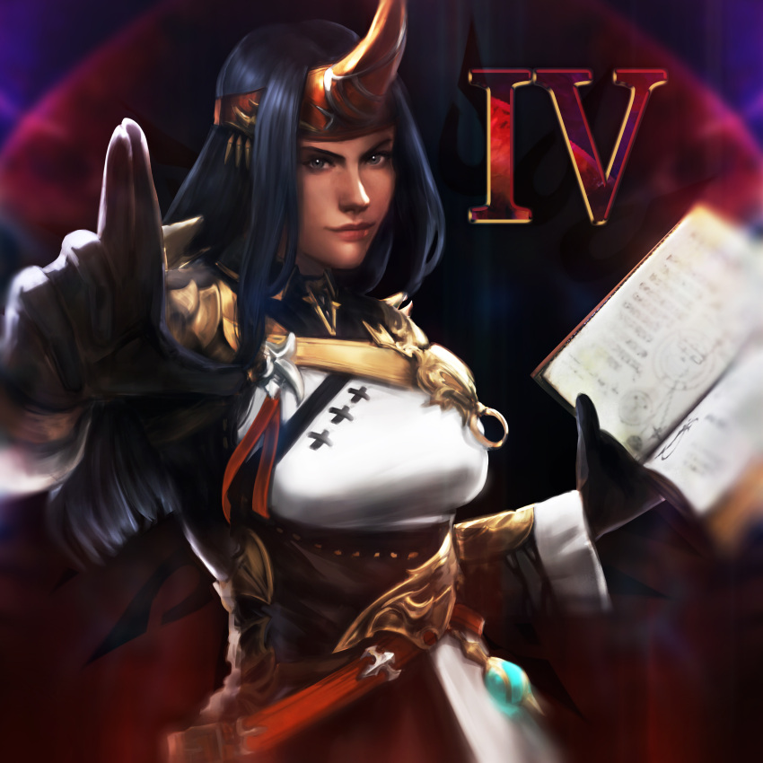 1girl, absurdres, avatar_(ffxiv), black_eyes, black_hair, book, breasts, closed_mouth