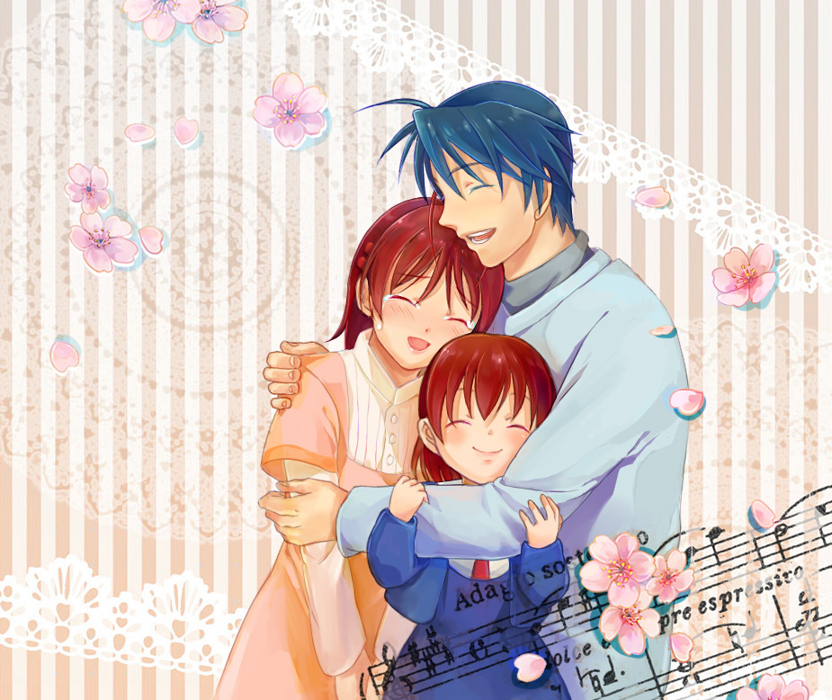 brown_hair, clannad, family, flower, furukawa_nagisa, hug, husband_and_wife, koyasu, okazaki_tomoya, okazaki_ushio, short_hair