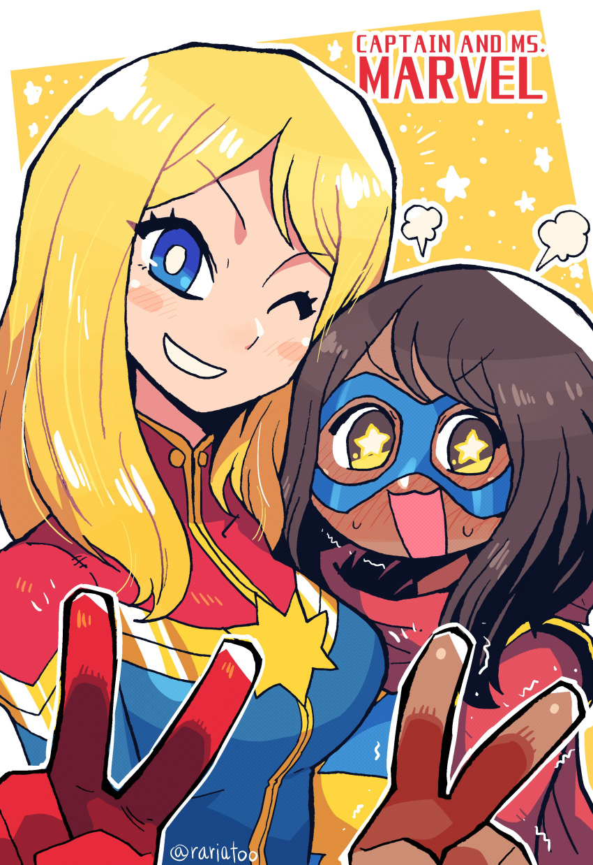 2girls, absurdres, animification, bangs, blonde_hair, blue_eyes, blush, breasts