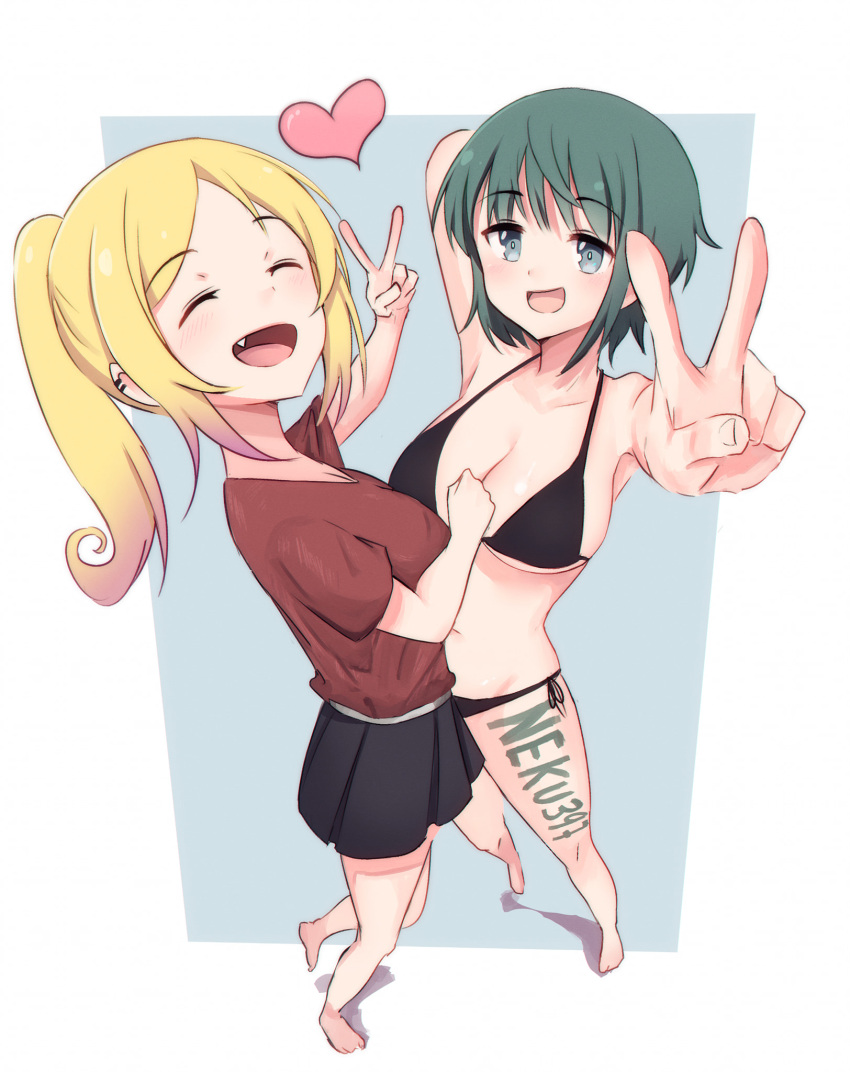 armpits, bikini, black_bikini, blonde_hair, closed_eyes, fang, feet, green_eyes