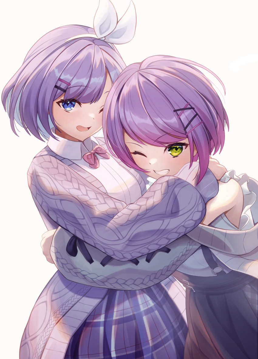2girls, absurdres, anichika, bangs, black_skirt, blue_eyes, bow, bow_hairband