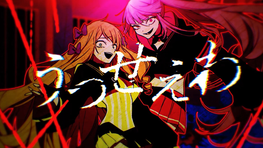 2girls, aneco_(westsea1227), belt, black_belt, black_gloves, black_hoodie, blonde_hair, blue_eyes
