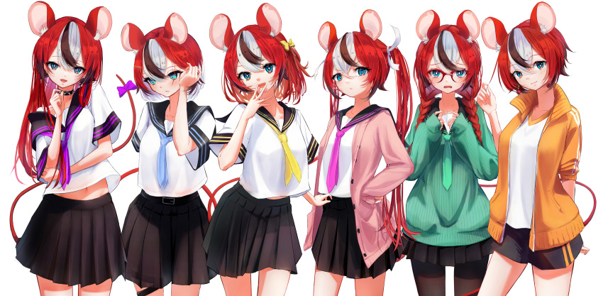 6+girls, :d, absurdres, alternate_costume, alternate_hairstyle, animal_ear_fluff, animal_ears, bangs, bespectacled, black_choker, black_legwear, black_sailor_collar, black_shorts, black_skirt, blue_eyes, blue_necktie, bow, braid, brown_hair, cardigan, choker, commentary, cowboy_shot, earrings, english_commentary, eyebrows_visible_through_hair, glasses, green_necktie, green_sweater, hair_between_eyes, hair_bow, hair_ornament, hair_ribbon, hairclip, hakos_baelz, hand_on_hip, highres, hololive, hololive_english, jacket, jewelry, long_hair, long_sleeves, looking_at_viewer, looking_away, midriff_peek, mixed-language_commentary, mouse_ears, mouse_girl, mouse_tail, multicolored_hair, multiple_girls, multiple_persona, necktie, open_cardigan, open_clothes, open_jacket, open_mouth, orange_jacket, pantyhose, pink_cardigan, pink_jacket, pink_necktie, pleated_skirt, purple_bow, purple_necktie, red-framed_eyewear, redhead, ribbon, s_panda_k, sailor_collar, school_uniform, serafuku, sharp_teeth, shirt, short_hair, short_sleeves, shorts, simple_background, skirt, sleeves_past_wrists, smile, spiked_choker, spikes, standing, streaked_hair, sweater, tail, tail_bow, tail_ornament, tail_raised, teeth, track_jacket, twiddling_fingers, twin_braids, very_long_hair, virtual_youtuber, white_background, white_hair, white_ribbon, white_shirt, yellow_bow, yellow_jacket, yellow_necktie, yellow_ribbon