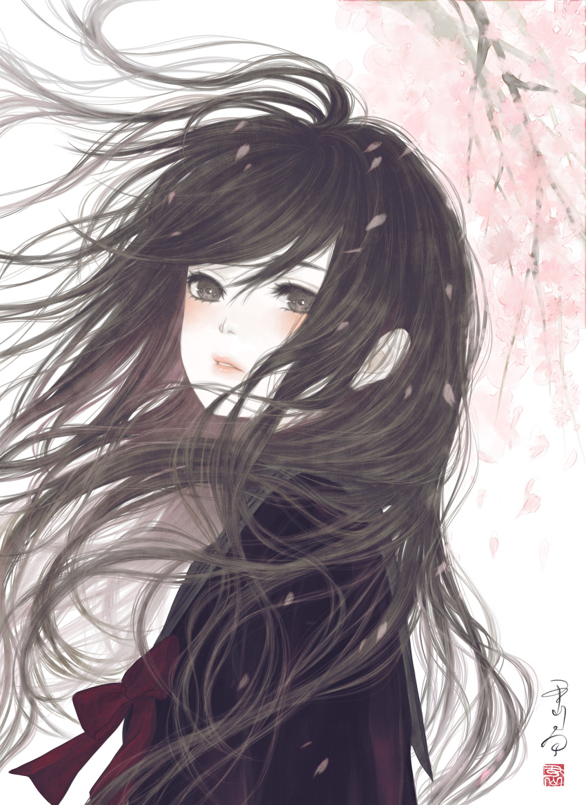 1girl, absurdres, bangs, black_serafuku, black_shirt, bow, bowtie, branch