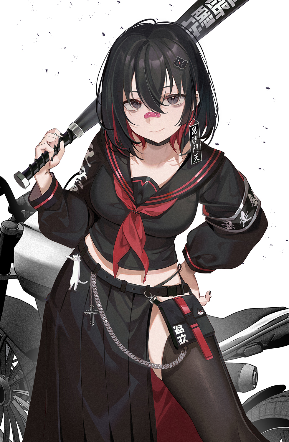 1girl, akucat_project, armband, bandaid, bandaid_on_nose, bangs, baseball_bat, black_hair, black_legwear, black_nails, black_panties, black_sailor_collar, black_serafuku, black_shirt, black_skirt, cat_hair_ornament, closed_mouth, commentary, grey_eyes, ground_vehicle, hair_between_eyes, hair_ornament, hand_on_hip, highres, holding, holding_baseball_bat, looking_at_viewer, machi_(7769), metal_baseball_bat, motor_vehicle, motorcycle, multicolored_hair, nail_polish, neckerchief, panties, pleated_skirt, red_neckwear, redhead, sailor_collar, school_uniform, serafuku, shirt, side-tie_panties, skirt, smile, solo, thigh-highs, translation_request, two-tone_hair, underwear, virtual_youtuber, white_background, zatsuneko