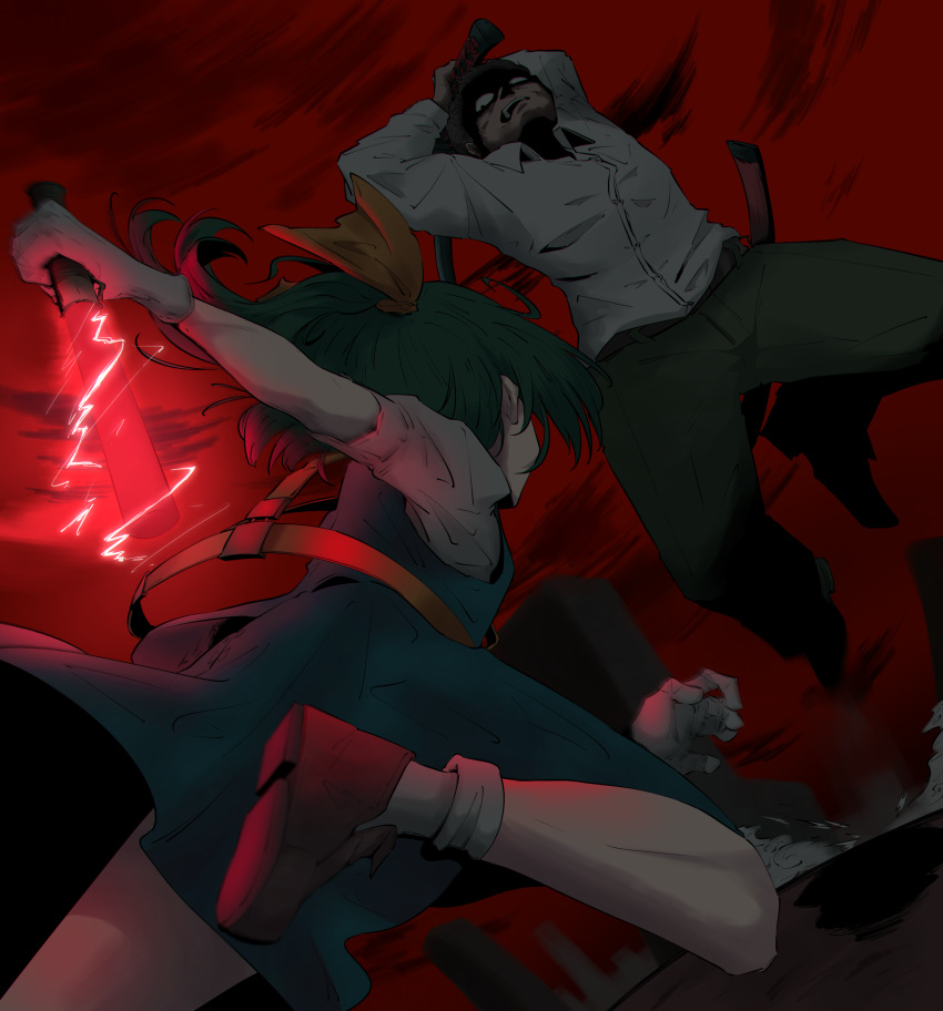 1boy, 1girl, absurdres, blue_skirt, blue_vest, bow, brown_footwear, brown_hair, collared_shirt, commentary_request, cookie_(touhou), daiyousei, diyusi_(cookie), fighting, full_body, green_hair, green_pants, gyakutai_ojisan, hair_bow, highres, holding, holding_sword, holding_weapon, jumping, katana, long_hair, long_sleeves, looking_at_another, manatsu_no_yo_no_inmu, odoro_(nicoseiga81184094), open_mouth, pants, ponytail, red_sky, shaded_face, shirt, shoes, short_hair, short_sleeves, skirt, sky, socks, sword, touhou, traffic_baton, vest, weapon, white_legwear, white_shirt, yellow_bow