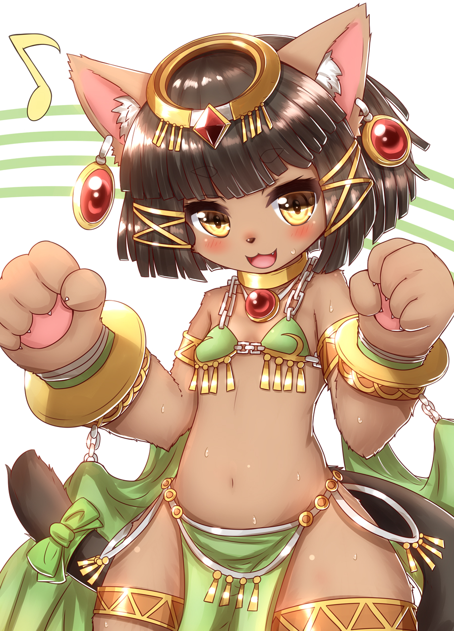 1girl, :3, animal_ear_fluff, animal_ears, animal_hands, animal_nose, bangs, bare_shoulders, bastet_(fullbokko_heroes), blunt_bangs, blush, bob_cut, body_fur, bow, brown_hair, cat_ears, cat_girl, cat_tail, chain, choker, claws, commentary_request, cowboy_shot, crystal, earrings, egyptian, eyebrows_visible_through_hair, fang, flat_chest, fullbokko_heroes, gem, gold, green_bow, hagoromo, hair_ornament, halo, hands_up, happy, highres, horokusa_(korai), jewelry, loincloth, looking_at_viewer, musical_note, navel, necklace, open_mouth, partial_commentary, paw_pose, pawpads, ruby_(gemstone), shawl, shiny, shiny_hair, short_hair, sidelocks, simple_background, smile, solo, standing, stomach, striped, striped_background, sweat, tail, tail_bow, tail_ornament, tassel, thigh_strap, two-tone_background, white_background, wide_hips, x_hair_ornament, yellow_choker, yellow_eyes