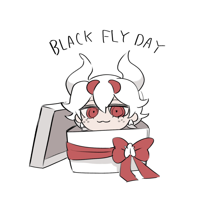1girl, :3, beelzebub_(helltaker), black_friday, bow, chibi, christmas, christmas_present