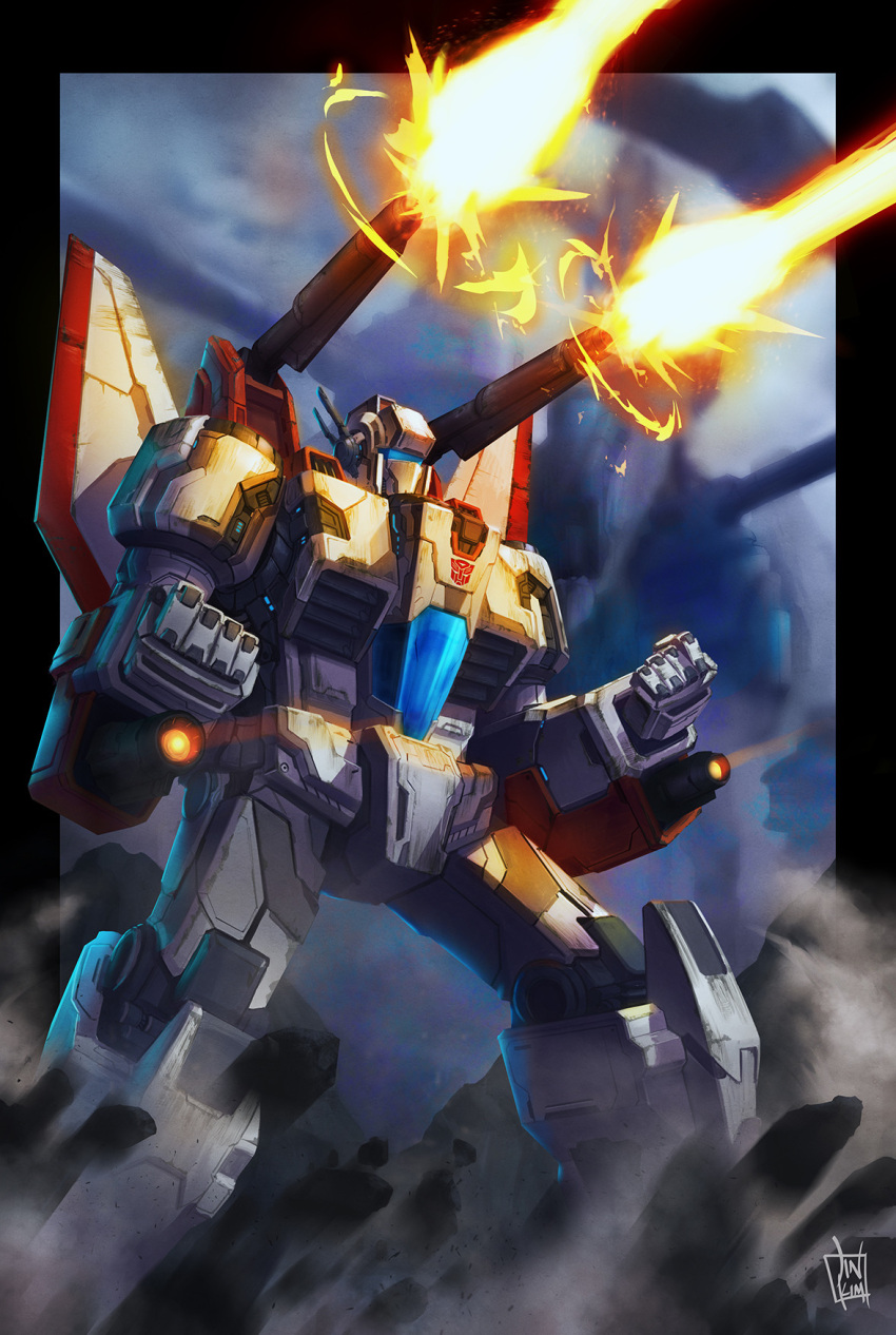 arm_cannon, autobot, battle, damaged, debris, dirty, emblem, firing, gun, highres, jetfire, jyk_allday, logo, mecha, nozzle, realistic, robot, science_fiction, shoulder_cannon, signature, smoke, smoking_gun, transformers, weapon