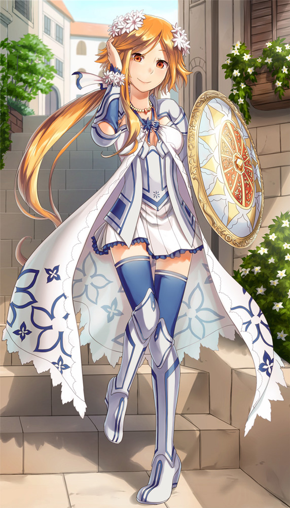1girl, armored_boots, asymmetrical_hair, bangs, blue_legwear, blue_sky, boots, cleavage_cutout