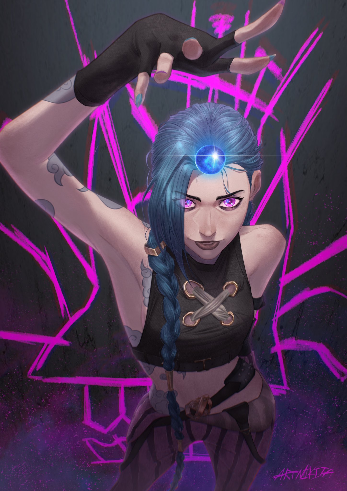 1girl, arcane:_league_of_legends, arm_up, artnikita, blue_hair, braid, cloud_tattoo, eyebrows_visible_through_hair