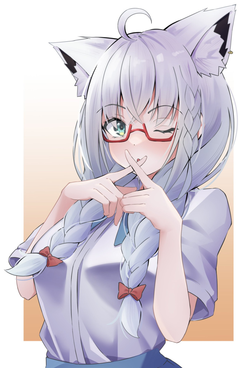 1girl, ahoge, animal_ear_fluff, animal_ears, bangs, blue_skirt, blush, border