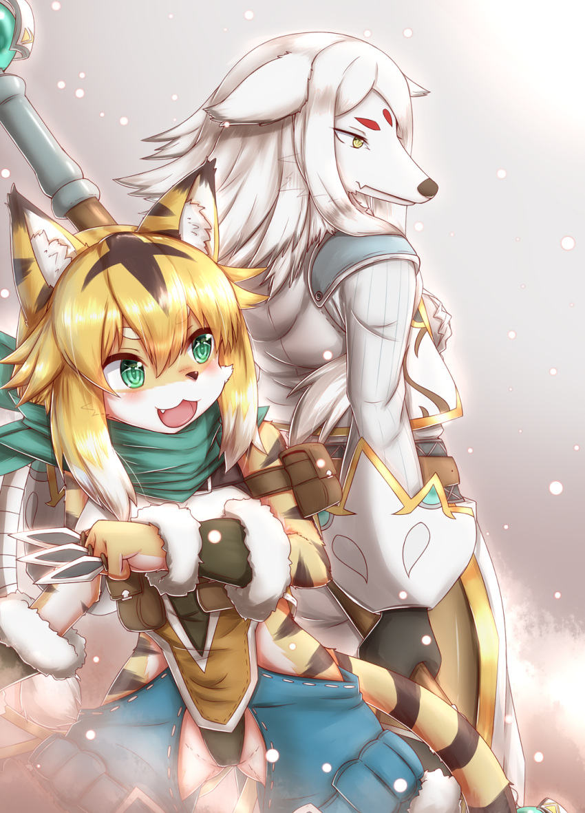 2girls, :3, animal_ear_fluff, animal_ears, animal_nose, arm_pouch, arm_warmers, armband, armor, ass_visible_through_thighs, back-to-back, bandana, bangs, bare_shoulders, belt, black_gloves, blonde_hair, blue_shorts, body_fur, breasts, brown_fur, brown_hair, clenched_hand, closed_mouth, commentary_request, cowboy_shot, crotchless, dog_ears, dog_girl, ears_down, eyebrows_visible_through_hair, facial_mark, fang, from_behind, fur-trimmed_arm_warmers, fur-trimmed_shorts, fur_trim, furry, furry_female, gloves, gradient, gradient_background, green_eyes, grey_background, grey_shirt, hair_flaps, hand_up, happy, helga_(world_flipper), highres, hip_vent, holding, holding_knife, holding_staff, horokusa_(korai), jacket, knife, legs_apart, light_particles, long_hair, long_sleeves, medium_breasts, medium_hair, mia_(world_flipper), multicolored_hair, multiple_girls, open_clothes, open_jacket, open_mouth, open_vest, parted_bangs, shiny, shiny_hair, shirt, short_shorts, shorts, shoulder_armor, sidelocks, simple_background, skin_fang, skirt, sleeveless, sleeveless_shirt, smile, smoke, snout, staff, standing, tail, throwing_knife, tiger_ears, tiger_girl, tiger_tail, v-shaped_eyebrows, vest, weapon, white_fur, white_hair, white_shirt, white_skirt, white_vest, world_flipper, yellow_eyes, yellow_fur