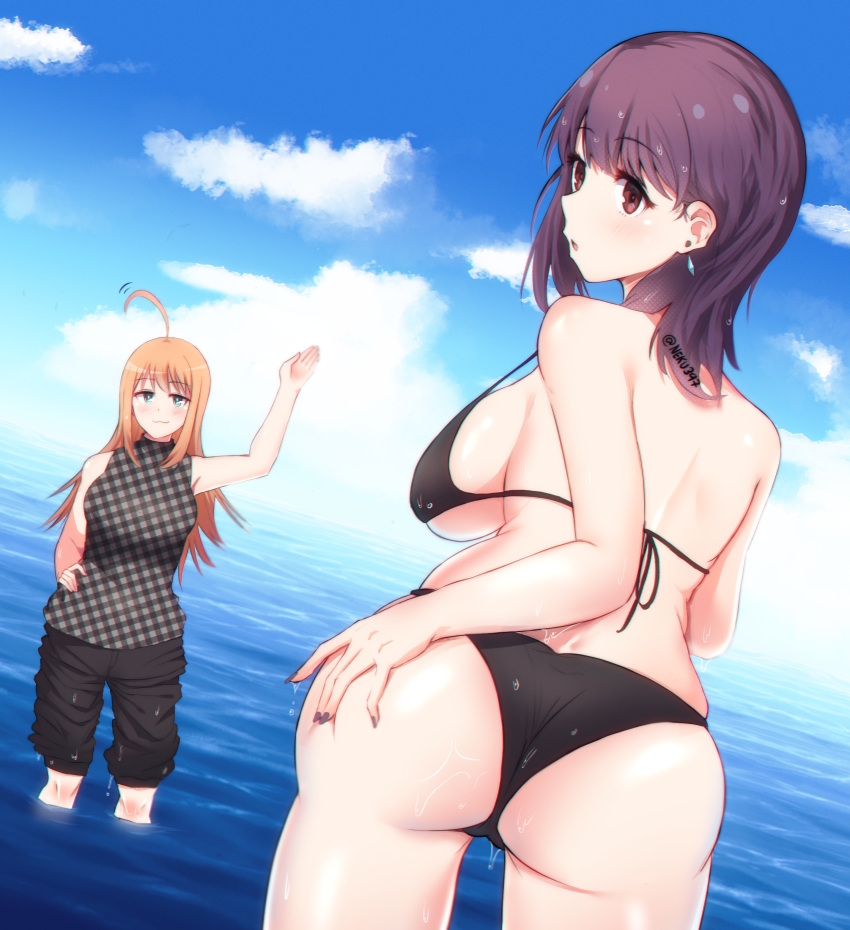 2girls, :3, :o, absurdres, ahoge, ass, bikini, earrings