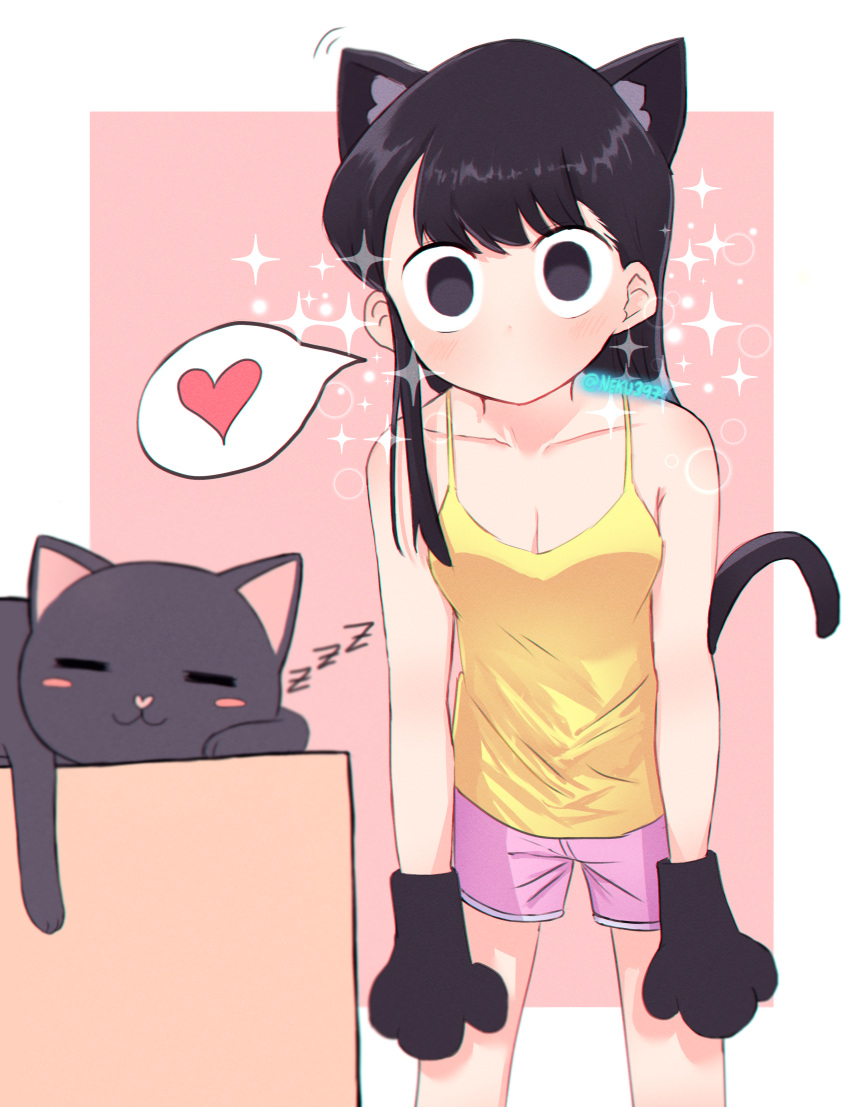 1girl, absurdres, animal_costume, animal_ears, animal_hands, cat, cat_costume, cat_ears, cat_tail, heart, highres, komi-san_wa_komyushou_desu, komi_shouko, neku397, shirt, shorts, simple_background, sleeveless, sleeveless_shirt, tail, watermark, wide-eyed