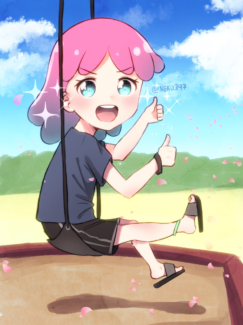 1girl, absurdres, blue_eyes, child, clouds, cloudy_sky, happy, highres