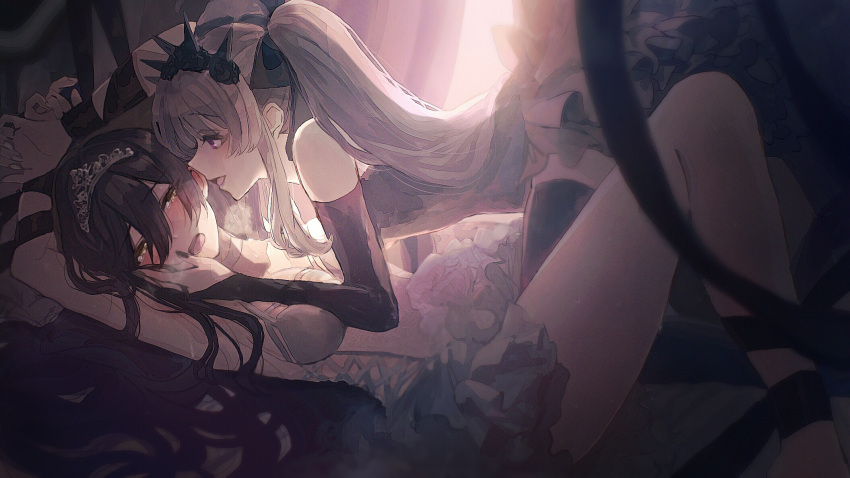 2girls, :o, arms_up, bdsm, black_hair, black_sash, blurry, blurry_foreground, blush, bondage, bound, choker, cross-laced_dress, curtains, dark_persona, dress, ear_blush, eyebrows_visible_through_hair, facing_another, gauntlets, grey_hair, hair_between_eyes, hand_on_another's_cheek, hand_on_another's_face, highres, idolmaster, idolmaster_shiny_colors, leaning_on_person, lying, multiple_girls, nail_polish, on_back, paddy_field, restrained, sash, shirase_sakuya, sleeveless, sleeveless_dress, smirk, steam, tearing_up, tiara, twintails, violet_eyes, white_choker, white_dress, yuri, yuukoku_kiriko