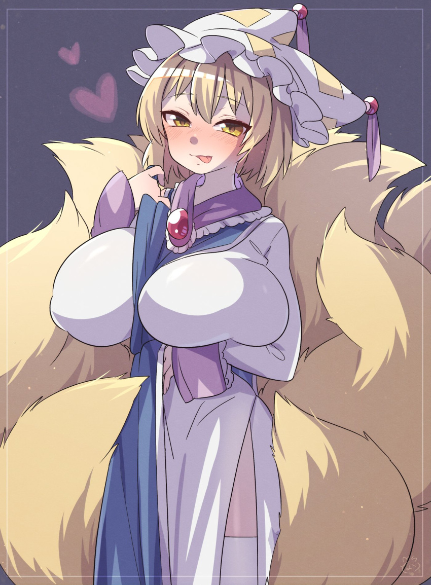 1girl, :q, \m/, bangs, blonde_hair, blush, breast_hold, breasts, brooch, commentary_request, covered_nipples, eyebrows_visible_through_hair, eyelashes, fluffy, fox_tail, frills, hanging_breasts, hat, heart, highres, huge_breasts, ibaraki_natou, jewelry, kitsune, long_sleeves, looking_at_viewer, multiple_tails, no_bra, pillow_hat, purple_background, seductive_smile, short_hair, simple_background, smile, solo, standing, tabard, tail, tassel, thigh-highs, tongue, tongue_out, touhou, white_headwear, white_legwear, yakumo_ran, yellow_eyes