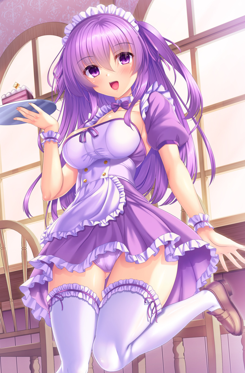 1girl, :d, apron, bangs, bow, bowtie, brown_footwear, cake