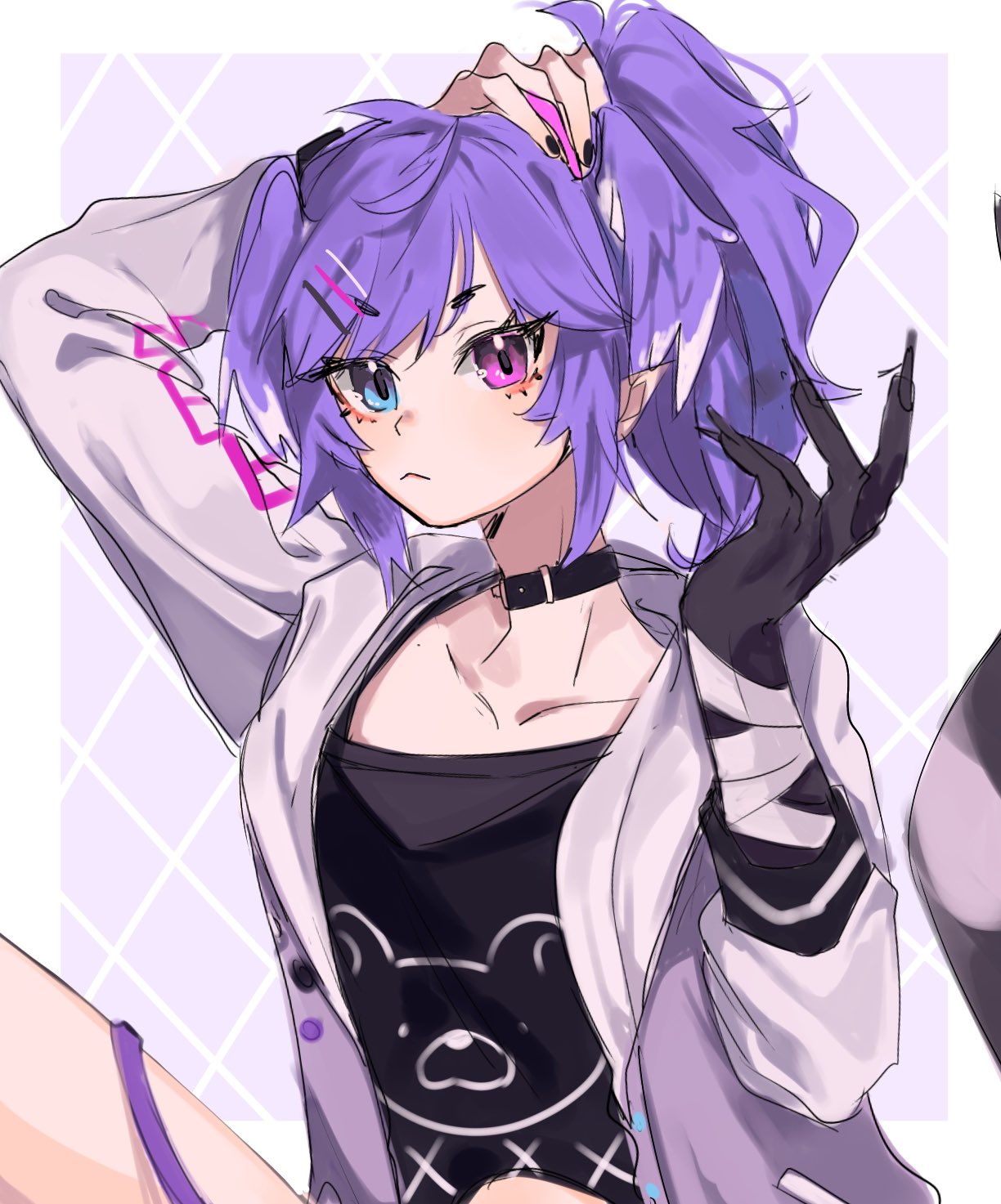 1girl, alternate_costume, black_collar, black_nails, black_shirt, blue_eyes, collar, collarbone