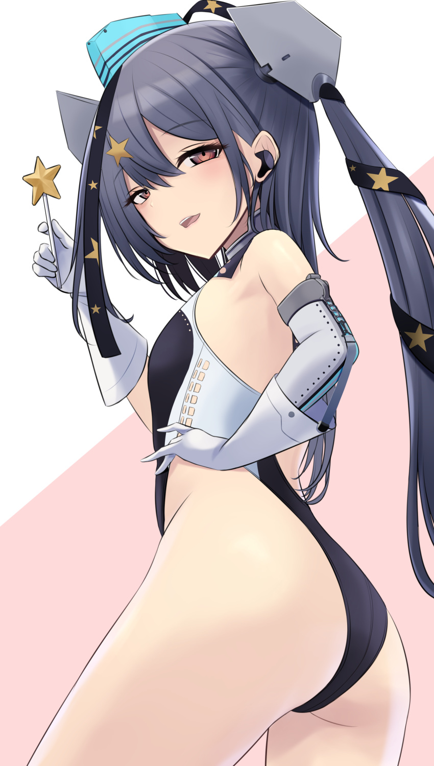 1girl, absurdres, aqua_headwear, black_swimsuit, brown_eyes, candy, competition_swimsuit, cowboy_shot