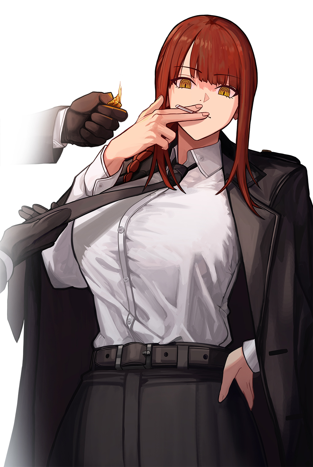 1girl, 1other, @_@, belt, black_jacket, black_necktie, braid, breasts