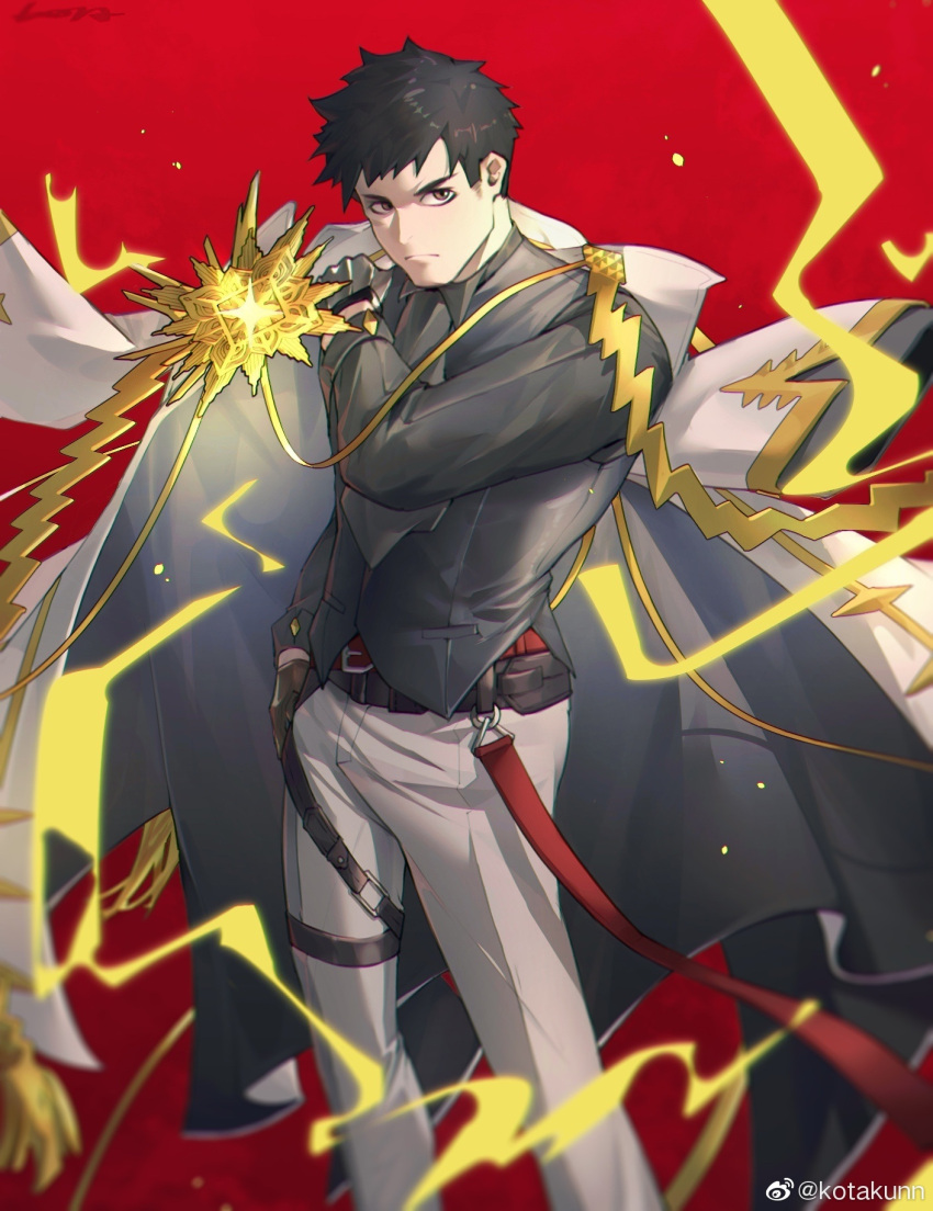 1boy, alchemy_stars, arm_at_side, ascot, asymmetrical_gloves, belt, belt_buckle, black_hair