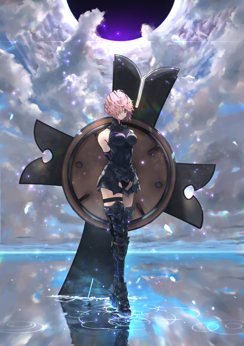 1girl, :<, absurdres, armor, armored_boots, arms_behind_back, bare_shoulders, black_armor, black_sleeves, blue_sky, boots, breastplate, closed_mouth, clouds, commentary_request, day, detached_sleeves, fallstreak_hole, fate/grand_order, fate_(series), highres, holding, holding_shield, holding_weapon, kdm_(ke_dama), light_particles, light_purple_hair, looking_at_viewer, mash_kyrielight, reflection, reflective_water, shield, short_hair, sky, sleeveless, solo, standing, standing_on_liquid, violet_eyes, water, weapon