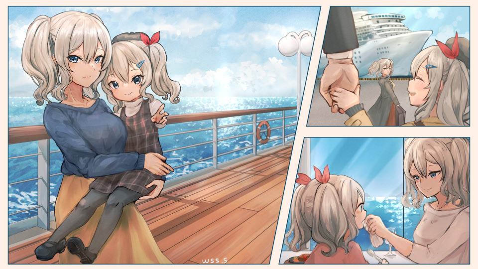 1other, 2girls, alternate_costume, beige_skirt, black_legwear, blue_eyes, blue_sweater, carrying