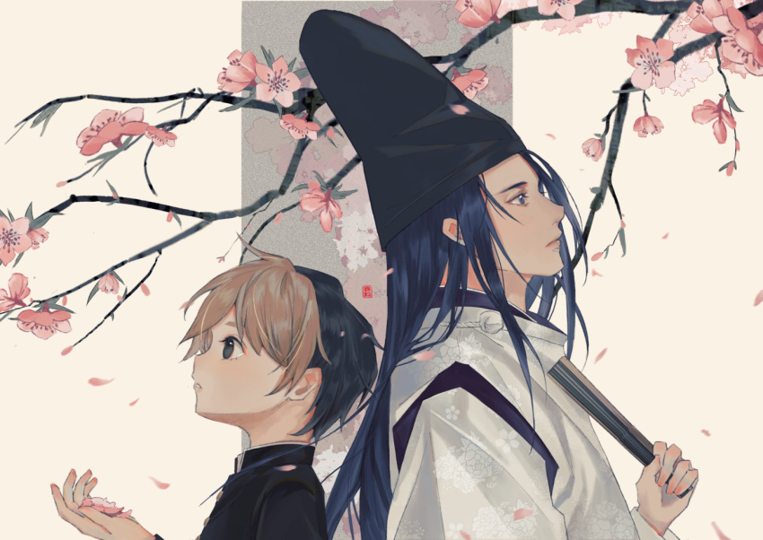 2boys, age_difference, back-to-back, bangs, bishounen, black_hair, blue_eyes, blue_hair
