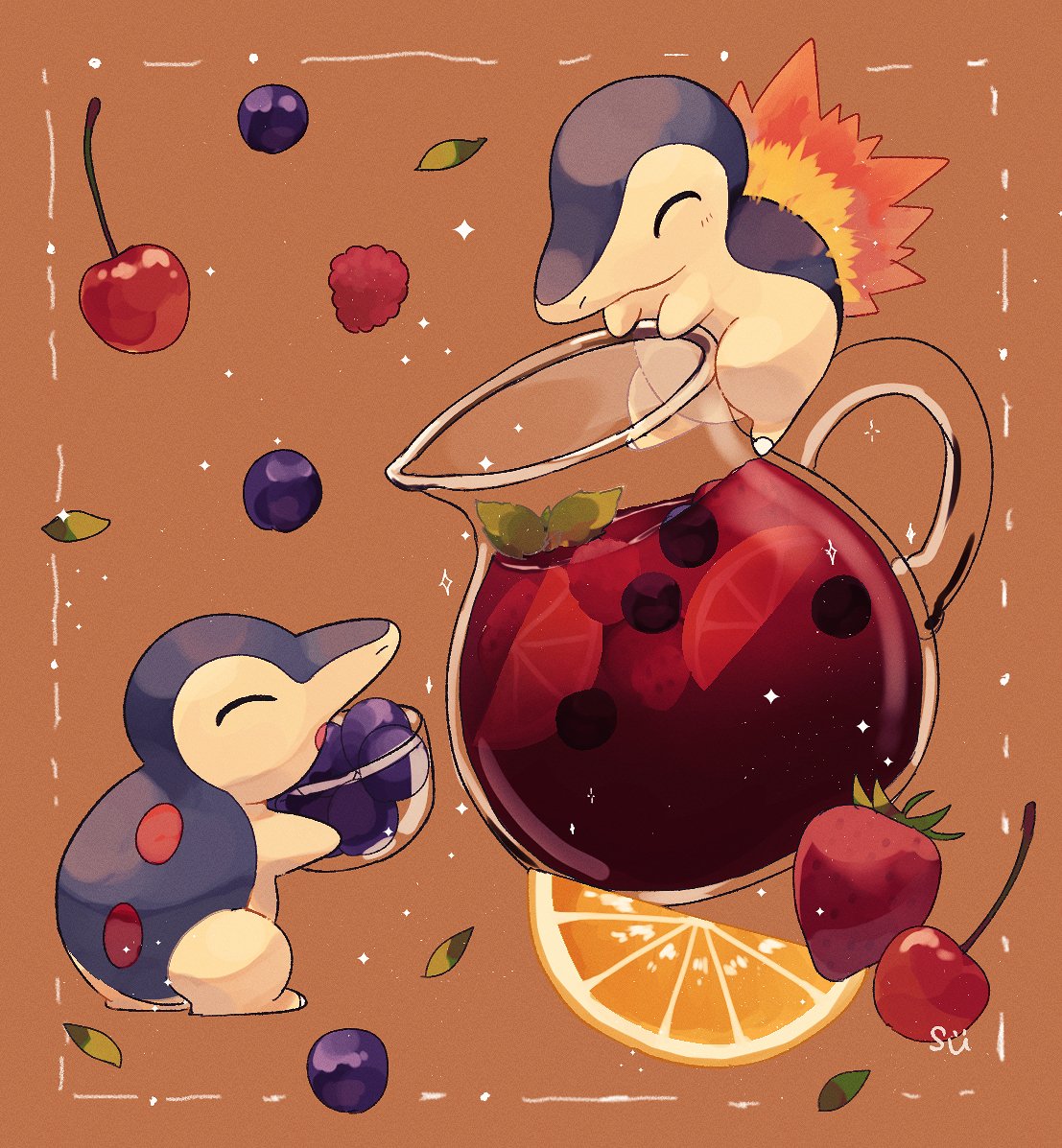 berry, bowl, brown_background, cherry, closed_eyes, commentary_request, cyndaquil, fire