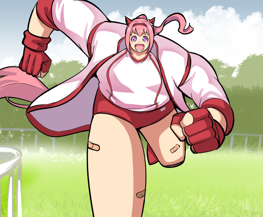 1girl, animal_ears, bandaid, bandaid_on_leg, bangs, buruma, clenched_hands, clouds