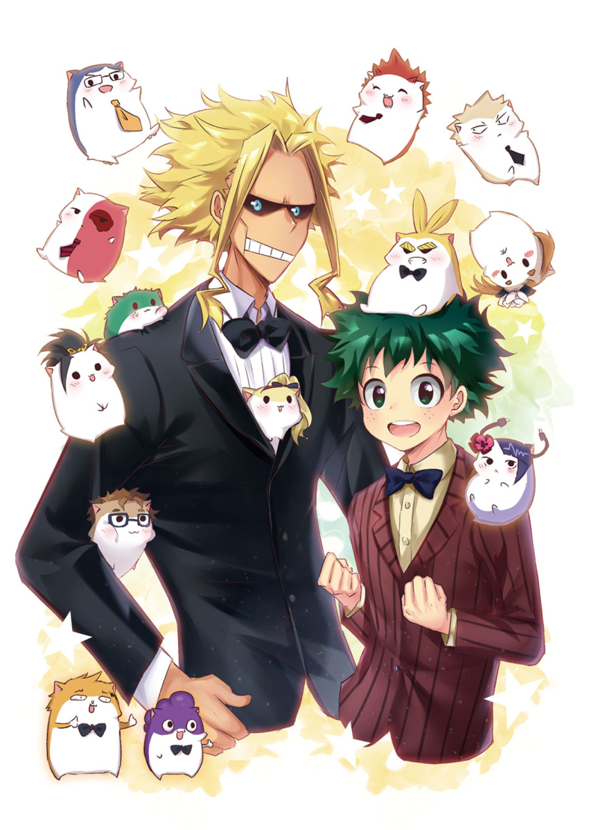 2boys, all_might, animal_on_head, animalization, bakugou_katsuki, bangs, black_bow, black_bowtie, black_hair, black_jacket, black_necktie, blonde_hair, blue_bow, blue_bowtie, boku_no_hero_academia, bow, bowtie, brown_hair, brown_shirt, burn_scar, clenched_hands, collared_shirt, colored_skin, cropped_torso, david_shield, dress_shirt, flower, formal, freckles, green_hair, grin, hair_flower, hair_ornament, hamster, highres, iida_tenya, jacket, jirou_kyouka, kaminari_denki, kirishima_eijirou, lliissaawwuu2, long_hair, long_sleeves, melissa_shield, midoriya_izuku, mineta_minoru, multicolored_skin, multiple_boys, necktie, on_head, red_jacket, scar, shiny, shiny_hair, shirt, sitting, smile, star_(symbol), striped, striped_jacket, teeth, todoroki_shouto, two-tone_skin, uraraka_ochako, white_background, white_shirt, yagi_toshinori, yaoyorozu_momo
