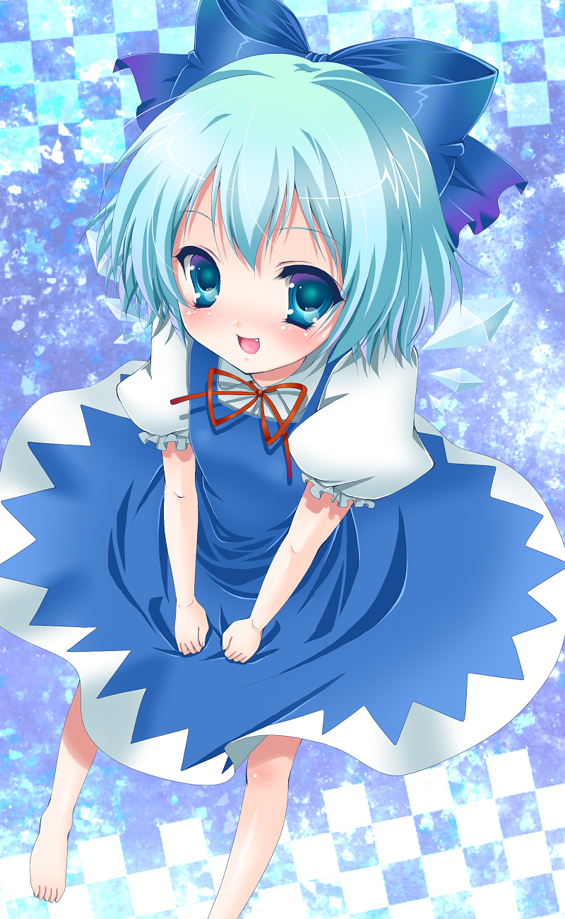 artist_request, barefoot, blue_eyes, blue_hair, bow, cirno, hair_bow, highres