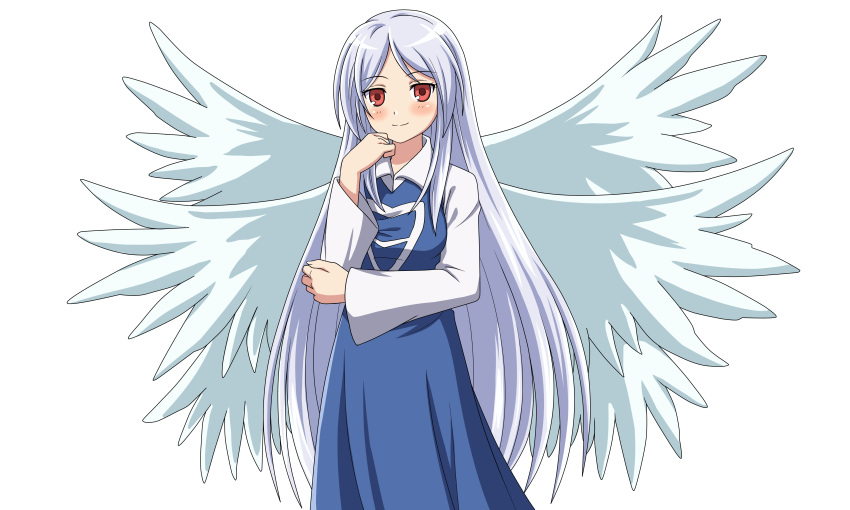 1girl, absurdres, angel, angel_wings, asatsuki_(fgfff), blue_dress, blush, breasts, closed_mouth, collared_shirt, dress, eyebrows_visible_through_hair, feathered_wings, hand_on_own_face, highres, long_hair, long_sleeves, looking_at_viewer, multiple_wings, red_eyes, sariel_(touhou), shirt, simple_background, smile, solo, touhou, touhou_(pc-98), very_long_hair, white_background, white_hair, white_shirt, wings