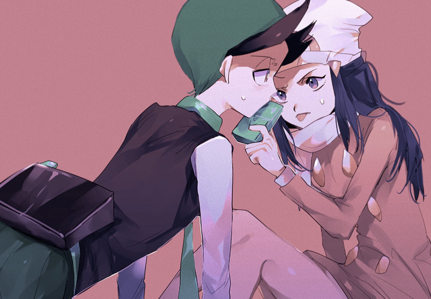 1boy, 1girl, beanie, black_hair, coat, commentary_request, green_hair, green_necktie