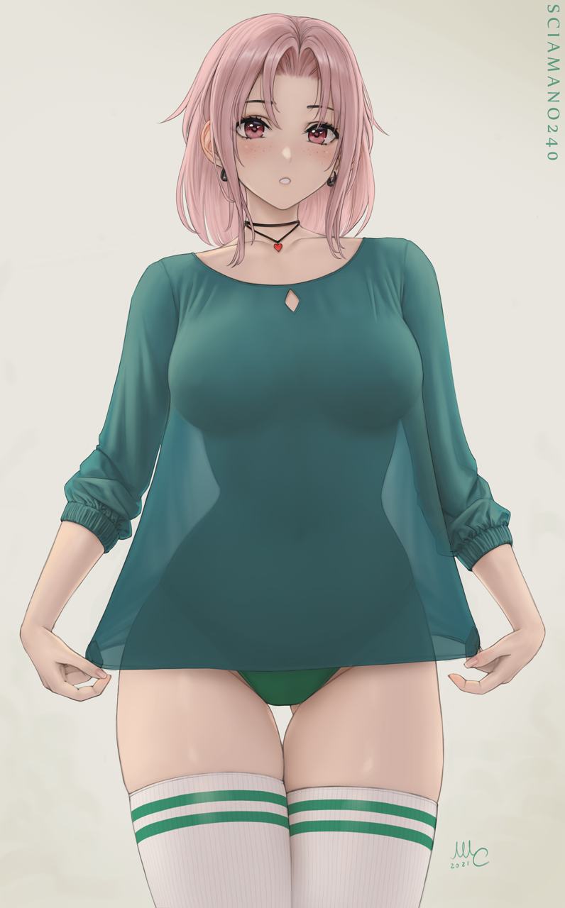 1girl, :o, artist_name, ass_visible_through_thighs, bangs, blush, breasts, chloe_(sciamano240)