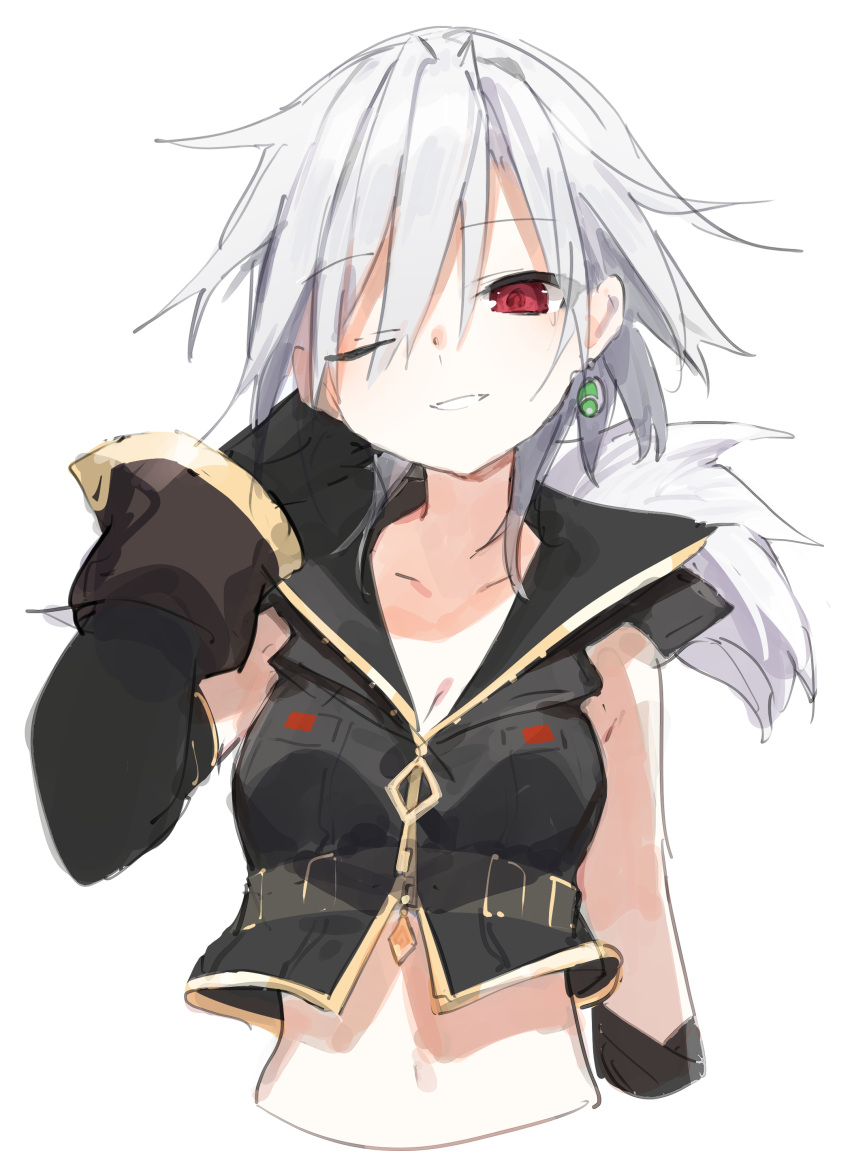 1girl, absurdres, black_gloves, blush, breasts, buran_buta, collarbone, crop_top