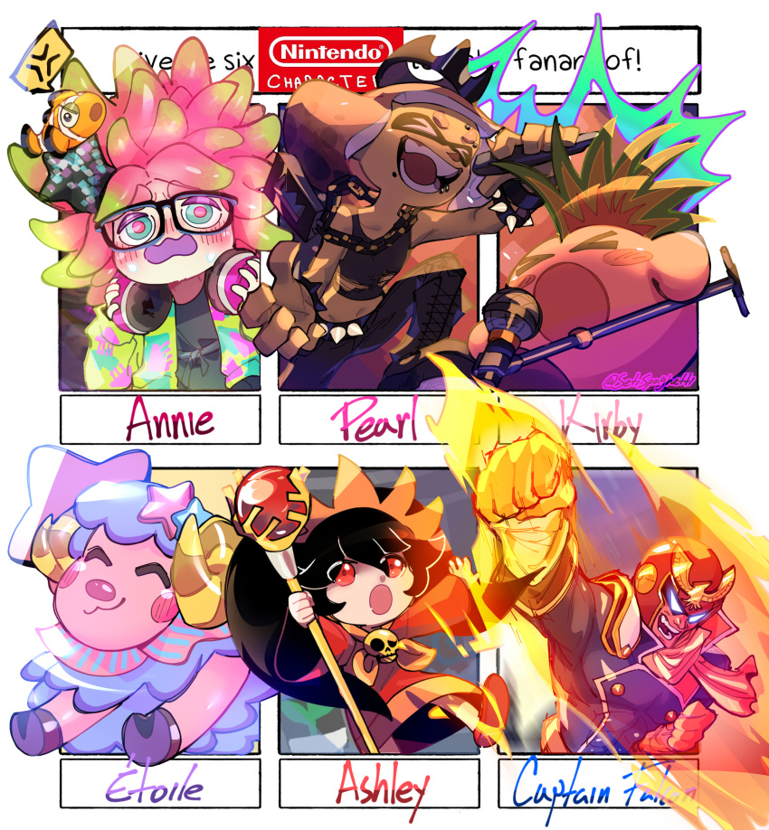 >_<, 2boys, 4girls, :3, ^_^, animal_crossing, annie_(splatoon), ashley_(warioware)