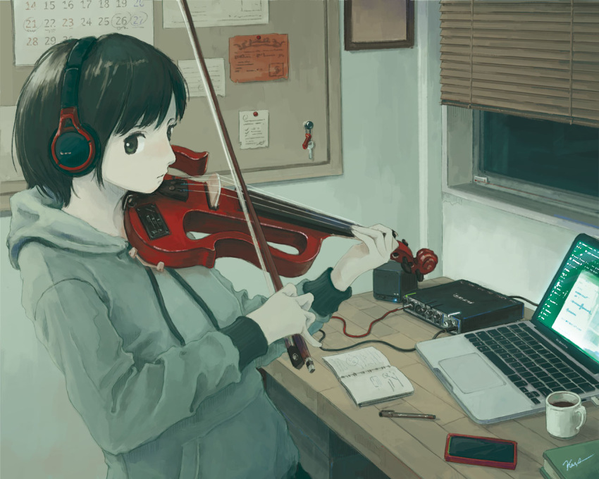 1girl, black_eyes, black_hair, book, bow_(music), computer, cup, desk