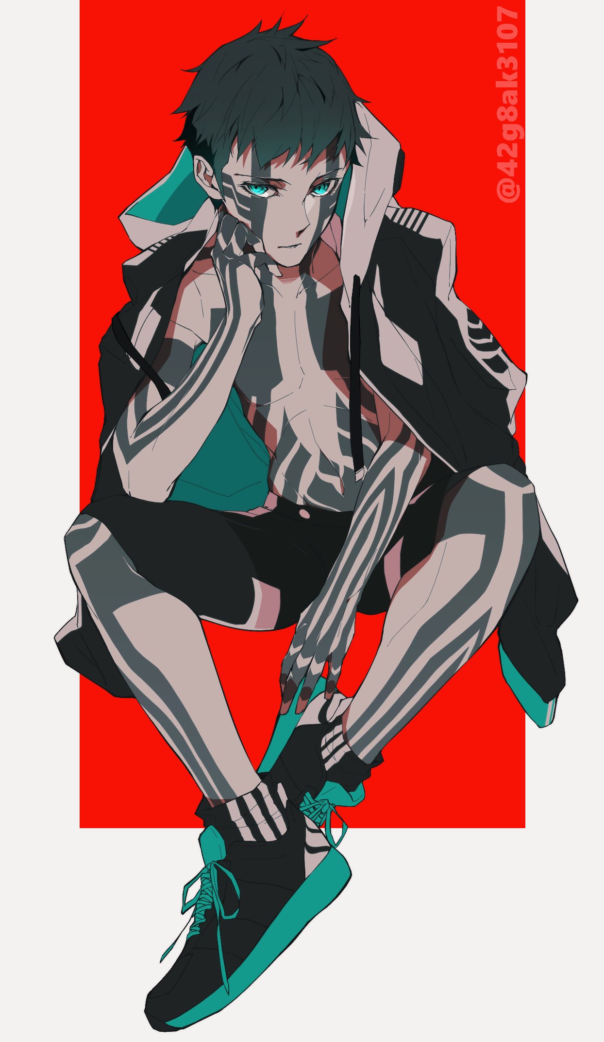 1boy, artist_name, black_hair, blue_eyes, collarbone, drawstring, full-body_tattoo, highres